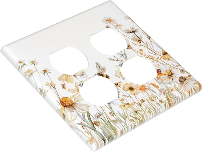 Yellow White Daisy Floral Bee Wild Flower Outlet Covers 2 Gang Double Duplex Decorative Light Switch Covers Electrical Wallplates Socket Faceplate for Bedroom Living Room Decor