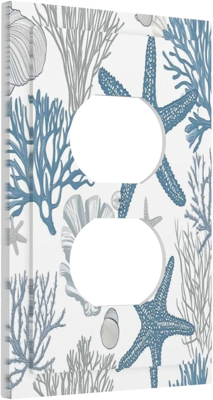 Blue Starfish Nautical Beach Conch Coastal Coral Shell Outlet Covers 1 Gang Duplex Light Switch Cover Decorative Switch Plates Electrical Receptacle Faceplate Wall Plate For Kids Room Bathroom Decor