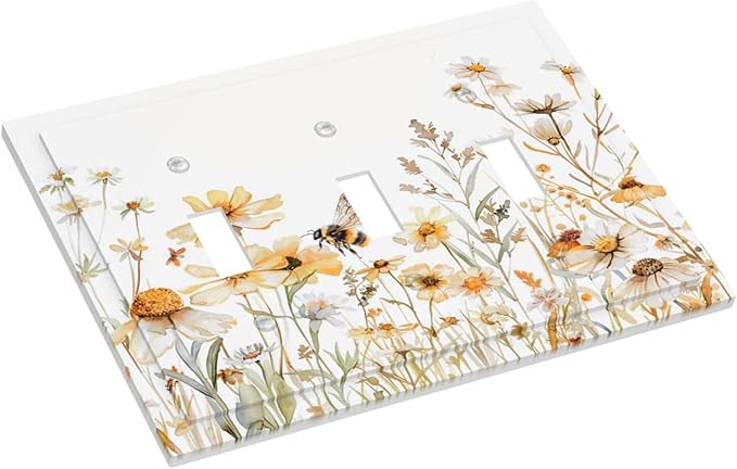 Yellow White Daisy Floral Bee Wild Flower Decorative Switch Plates 3 Gang Wall Plate Triple Toggle Light Switch Cover Faceplate Electrical Wall Panels for Bedroom Living Room Decor
