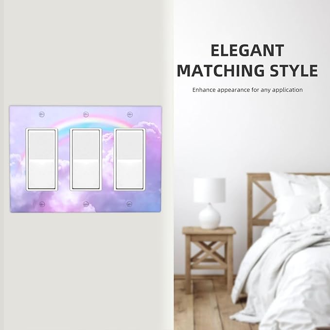 Rainbow in the Clouds Triple Rocker Wall Plates Pink Art Panel Light Switch Plate Covers Decorative Purple Cloud GFCI Lightswitch Faceplate Cute Dimmerfor Bedroom Kidroom Nursery Decor