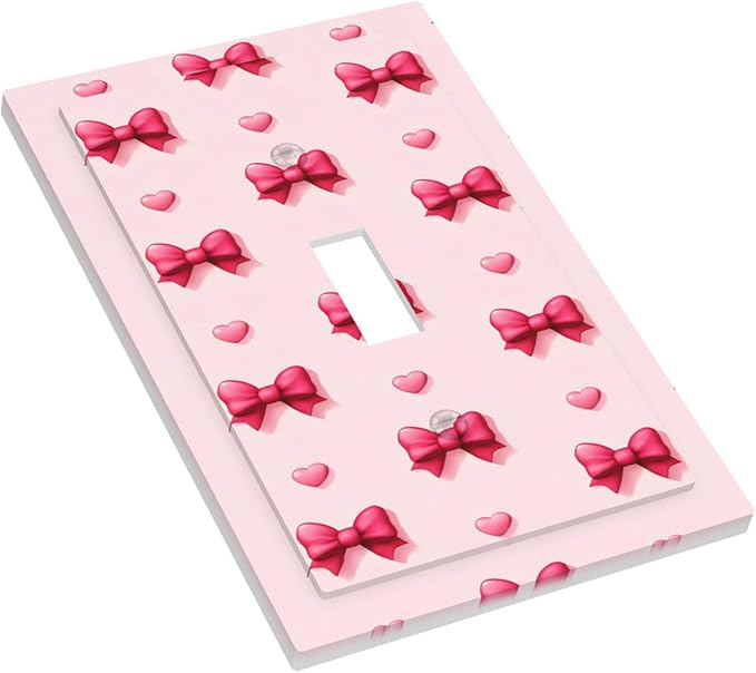 Pink Bow & Heart 1-Gang Toggle Light Switch Plate, Preppy Coquette Sweetheart Girly Decorative Wall Plate for Girls Room