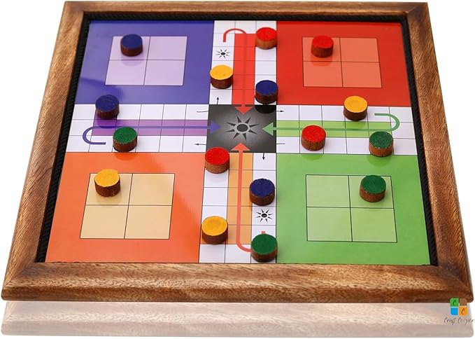 10 Inch Wooden 2-in-1 Ludo & Snakes Board Game, Reversible Travel Set with Storage Bag & Organizer Box (All-in-One Storage)