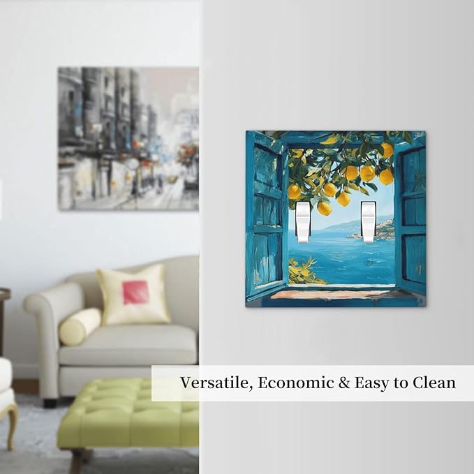 Window View Coastal Lemon Tree Mediterranean Landscape Decorative Switch Plates 2 Gang Double Toggle Outlet Light Switch Cover Wall Plate Electrical Faceplate for Bedroom Living Room Decor