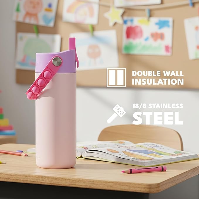 Elemental Insulated Kids Water Bottle, Stainless Steel Water Bottle with Straw Lid & Pop-It Handle, Leak-Proof Water Bottles for School, Boys or Girls, Travelling and Sports, 18oz - Pink Tie Dye