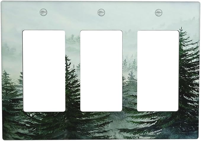 Forest Pinetrees Misty Landscape Nature Light Switch Covers 3 Gang Rocker Decorative Triple Outlet Wall Plate Cover Switchplate Electrical Gfci for Bedroom Farmhouse Decor