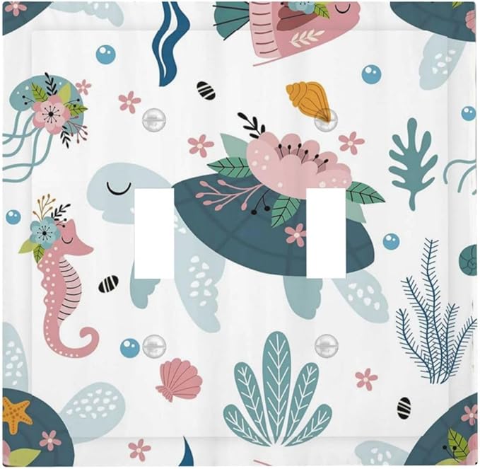 Underwater Floral Turtle Animal 2 Gang Light Switch Plate Cover Double Toggle Wall Plate Decorative Switchplate Electrical Faceplate for Nursery Kidsroom Bedroom Decor