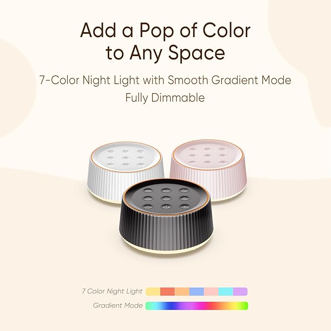 Noise Machine, White Noise Sound Machine for Baby & Adults, 26 Soothing Sounds, 8 Night Light Colors, Tap Control, 6 Timer Settings, Auto-Off & Memory, 4-7-8 Breathing, Sleep Soother for Home