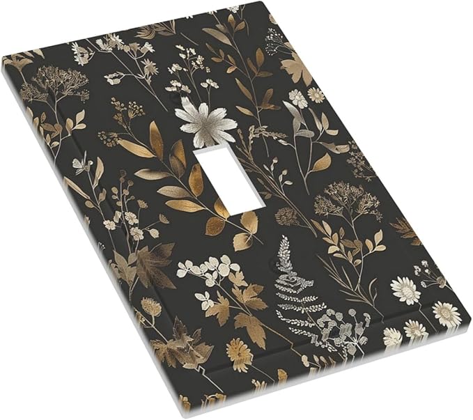 Decorative Light Switch Cover Black Gold Floral Dark Leaves Vintage Flowers 1 Gang Single Toggle Device Electrical Faceplate Switchplates Decorator Outlet Wall Plate for Bed Room Home