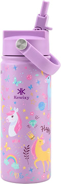 KEWIXY Kids Water Bottle for School, Easy Slide Lid, Leak Proof, Keep Cold 24H, Vacuum Insulated Tumbler, Metal Stainless Steel with Straw and Handle, for Boys&Girls (18OZ, Unicorn Lilac)