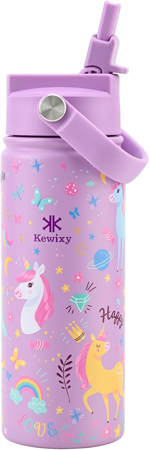 KEWIXY Kids Water Bottle for School, Easy Slide Lid, Leak Proof, Keep Cold 24H, Vacuum Insulated Tumbler, Metal Stainless Steel with Straw and Handle, for Boys&Girls (18OZ, Unicorn Lilac)