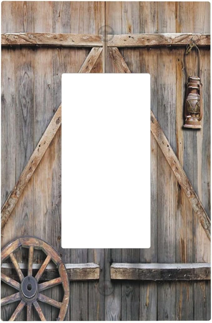 1 Gang Single GFCI/Decorator Rocker Outlet Light Switch Wall Plate Cover Retro Rustic Barn Door Wooden Vintage Farmhouse Wooden Country Garage Cabin Decorative One Device Electrical Faceplate Dimmer