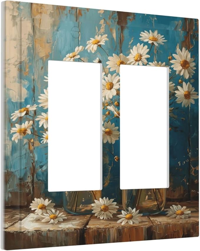 Delicate White Daisy Jars Retro Wood Background Decorative Outlet Covers 2 Gang Double GFCI Rocker Electrical Wall Panels Light Switch Cover Plate for Farmhouse Home Decor