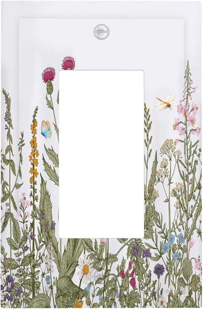 Rustic Wild Floral Vintage Teal Botanical Single Rocker Outlet Wall Plate Decorative Decora Electrical Gfci Switchplate for Kitchen Bathroom Home Decor