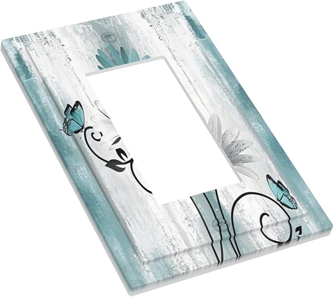 Light Switch Cover Plate Teal Daisy Floral Butterfly Vintage Wood 1 Gang Outlet Covers Single Rocker Decorative Switch plates Electrical Wall Plates GFCI Receptacle for Bathroom Bedroom Decor