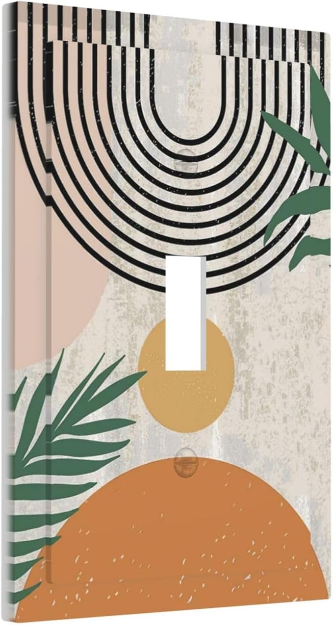 Orange Abstract Mid Century Modern Leaf Boho Bohemian Sun Minimalist Aesthetic Art 1 Gang Electrical Single Toggle Device Switch Wall Plate Jumbo Size Decorative Outlet Light Switch Face Plate Cover