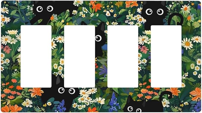 Colorful Lovely Cartoon Cats 4 Gang Screwless Quad Decorator Wall Plate Cool Funny Floral Kitten Kid Boy Electrical Quadruple Device Rocker/Gfci Dimmer Receptacle Outlet Light Switch Cover Face Plate
