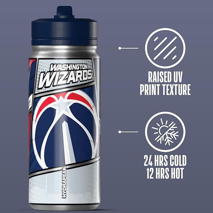 Hydrapeak x NBA Washington Wizards 20 oz Stainless Steel Water Bottle, Officially Licensed Double Wall Insulated Sports Bottle with Straw Lid, Reusable Leakproof Gift for Kids & Adults