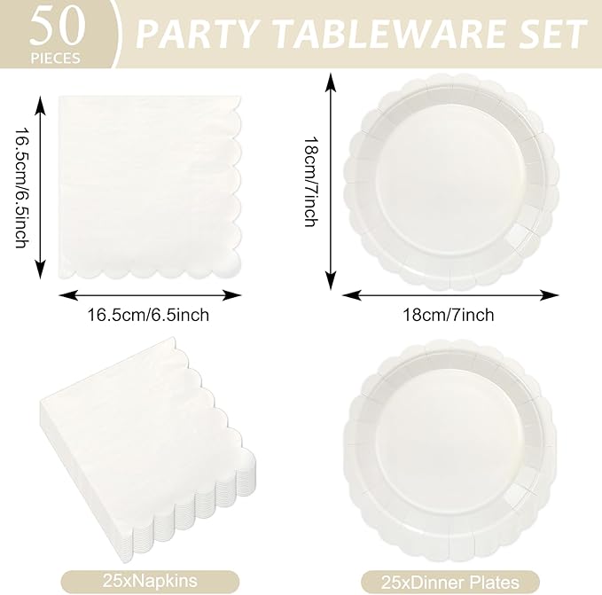 CHUNNIN 50Pcs Cream Scalloped Party Paper Plates and Napkins Scalloped Dessert Plates Birthday Party Decorations Shell Edge Disposable Tableware Set Serves 25 Guest Baby Shower Wedding Supplies