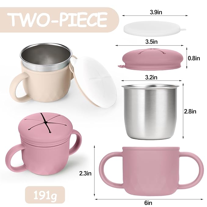 Mity rain 2-Pack Stainless Steel Snack Containers, 4-in-1 Spill proof Snack Cups With Silicone Lid and Handle, Dishwasher Safe Travel Snack Containers for Kids and Infants ((Pink + Yellow)