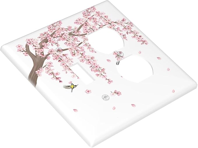 Pink Flower Tree Branch Cherry Blossom Tree Floral Birds Wallplates 1 Toggle 1 Duplex Switch Plate Electrical GFCI Faceplate Decorative Light Switch Covers for Bedroom Living Room Decor