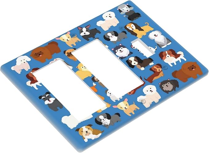 Cute Animal Dogs Puppy Decorative Outlet Cover 2 Rocker 1 Toggle Light Switch Plate Cover Electricity Receptacles Plates For Home Kitchen Living Bedroom 6.4 * 4.5