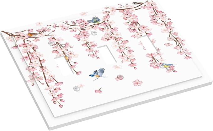 Pink Cherry Blossom Flower Vine Floral Tree Branch Birds Decorative Switch Plates 3 Gang Wall Plate Triple Toggle Light Switch Cover Faceplate Electrical Wall Panels for Bedroom Living Room Decor