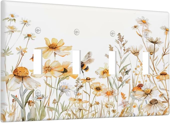 Yellow White Daisy Floral Bee Wild Flower Light Switch Covers Quad Toggle Electrical Faceplate 4 Gang Wall Plate Decorative Switch Plates Cover for Bedroom Living Room Decor