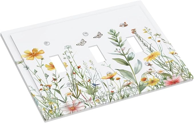Light Switch Cover Plate Rustic Colorful Floral Butterfly Watercolor Flowers 3 Gang Triple Toggle Decorative Switch Plates Wall Plates Electrical Switchplate Faceplate for Bathroom Bedroom