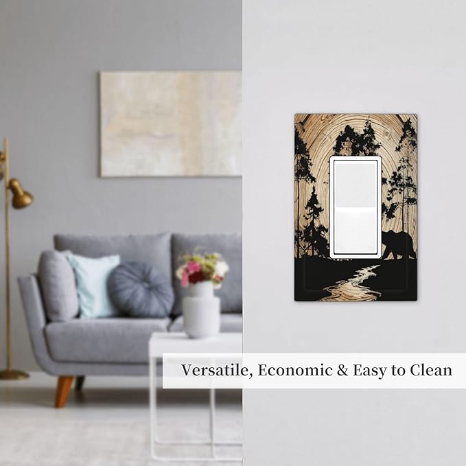 Rustic Forest Antler Black Bear Deer Silhouettes Decorative Outlet Covers 1 Gang Single Rocker Light Switch Cover Plate Wall Plates GFCI Faceplate for Farmhouse Home Decor