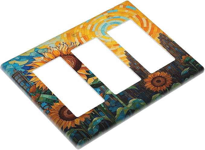 Abstract Sunflower Graffiti Floral Paint Art Flower Light Switch Covers 3 Gang Rocker Decorative Triple Outlet Wall Plate Cover Switchplate Electrical Gfci for Bedroom Living Room Decor