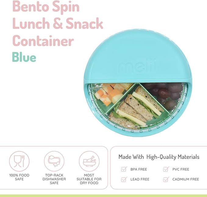 melii Bento Spin Lunch & Snack Container, Food Storage for Kids, BPA-Free, Dishwasher Safe – 4 Compartments, Blue