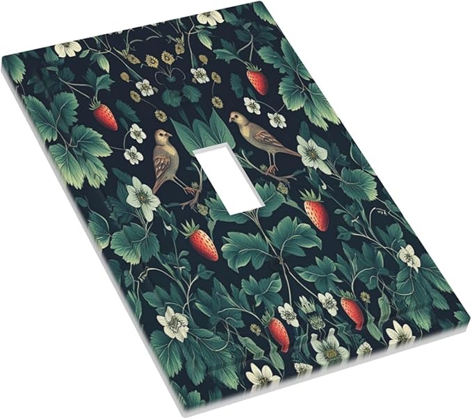 Decorative Light Switch Cover Strawberry Birds Flowers Plant Morris Floral 1 Gang Single Toggle Device Electrical Faceplate Switchplates Decorator Outlet Wall Plate for Bedroom Farmhouse