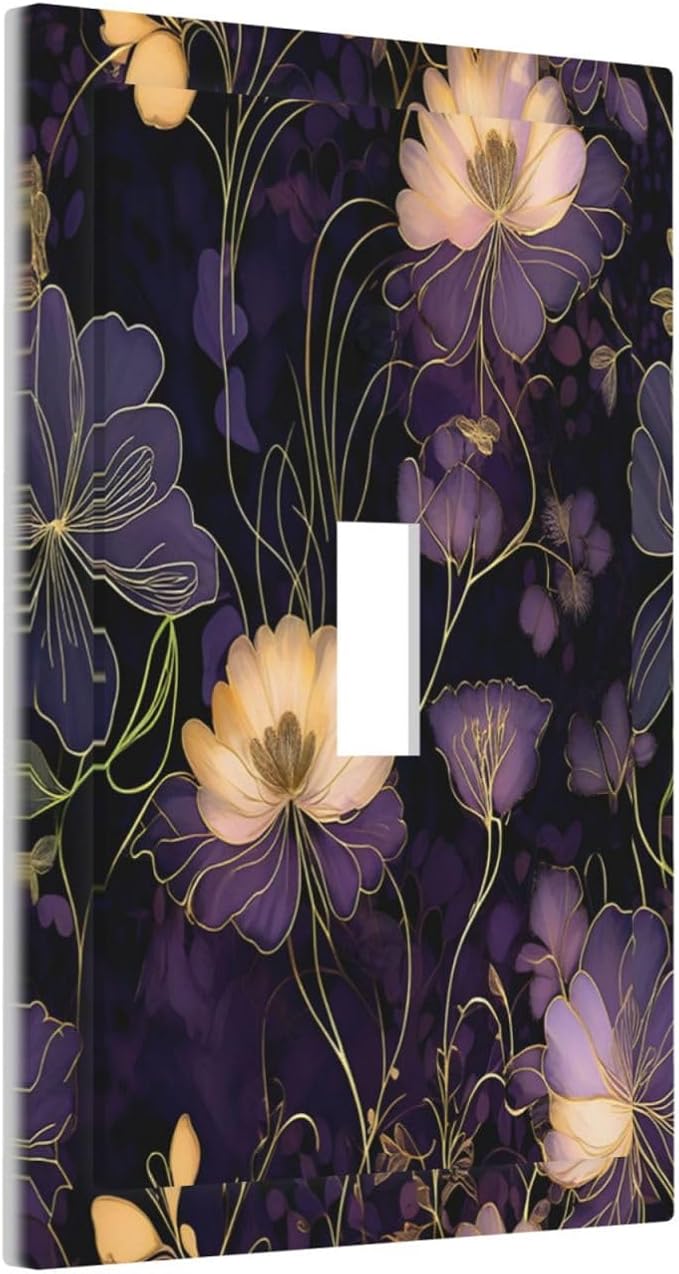 Modern Boho Vintage Gold Purple Dark Floral Modern Abstract Flowers Decorative Light Switch Cover 1 Gang Single Toggle Device Electrical Faceplate Switchplates Decorator Outlet Wall Plate for Bedroom