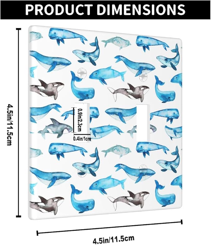 Whale Double Toggle Light Switch Cover, Blue Ocean Sea Whales Coastal 2-Gang Wall Plate, Decorative Electrical Switchplate for Bathroom Bedroom Nautical Home Decor