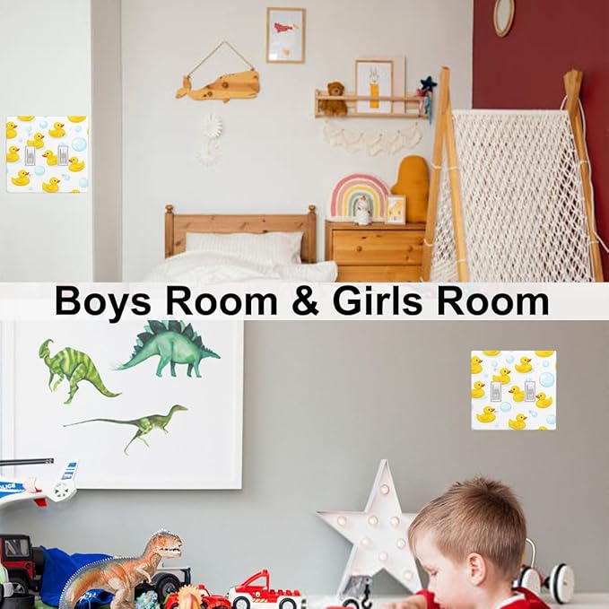 Yellow Rubber Duck 2-Gang Double Toggle Switch Plate, Cute Duck Bubble Wall Plate for Kids Bathroom, Nursery & Boys Girls Room