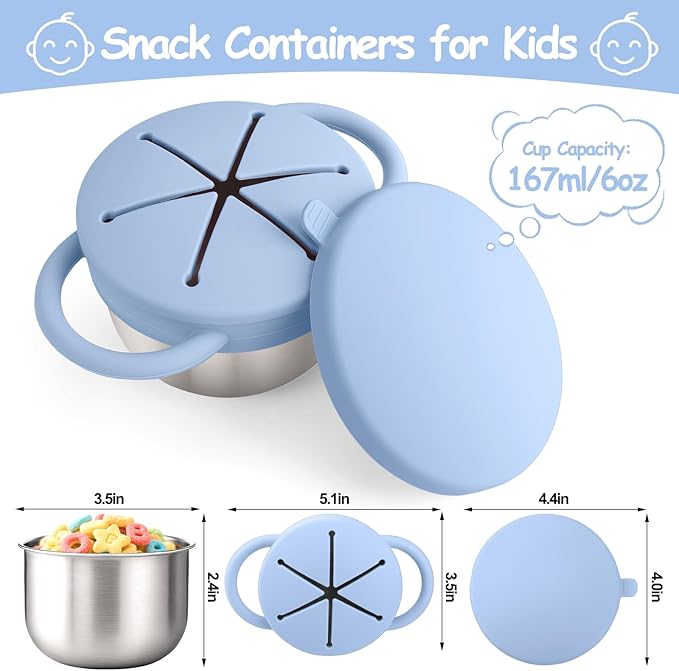 Mity rain Stainless Steel Snack Containers for Toddlers with Spill-Proof Silicone Lids Handles - 3-in-1 Baby Snack Cups, No-Spill Toddler Snack Box (Blue, One piece set)