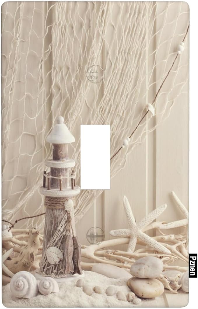 Coastal Nautical Light Switch Cover Plate Sea Shell Fishing Net Lighthouse Starfish Single Toggle Wall Plate 1 Gang Switchplate Home Decor for Living Room Kitchen 4.5"x 2.76"