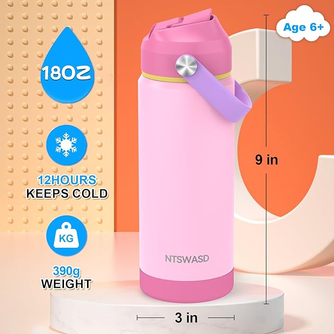 Kids Water Bottle with Straw,18 oz Boys Insulated Cups with Stainless Steel Leak Proof for School Boys Girls,Sport&Travel（Pink）