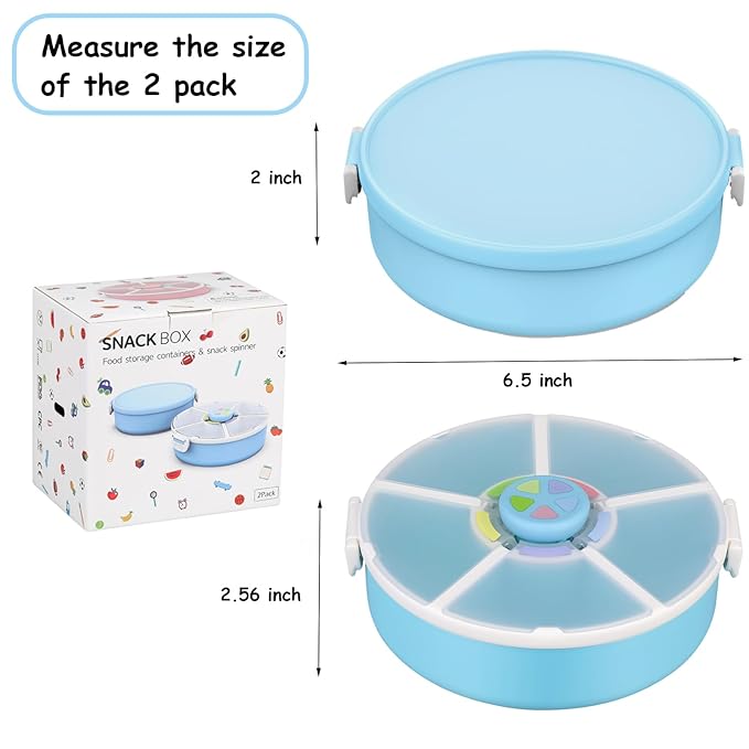 JOOPETALK Kids' Rotating Snack Container Set – 2-Pack, Includes 1 Rotating Snack Container & 1 Round Sectioned Snack Box, BPA-Free, Dishwasher Safe, Perfect for Travel-Blue