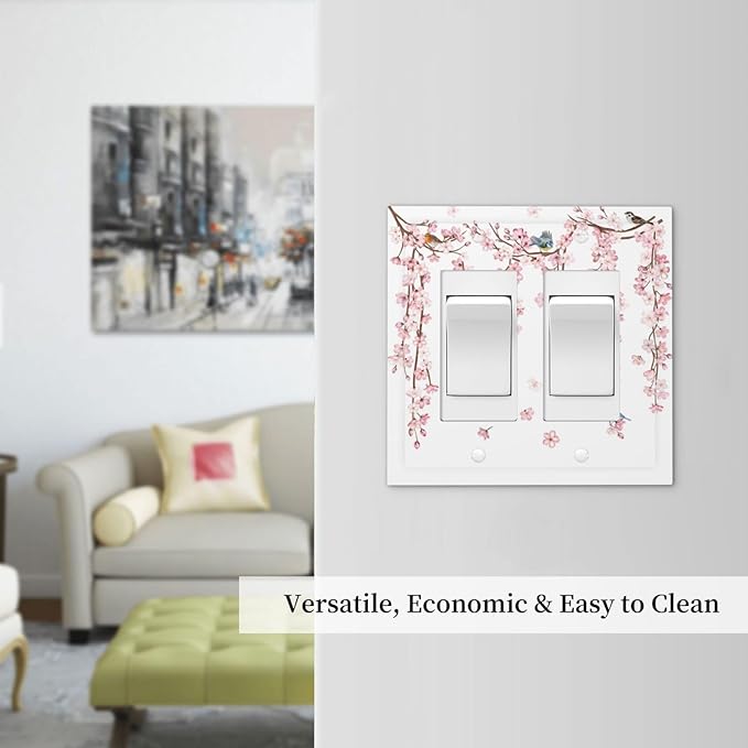 Pink Cherry Blossom Flower Vine Floral Tree Branch Birds Decorative Outlet Covers 2 Gang Double GFCI Rocker Electrical Wall Panels Light Switch Cover Plate for Bedroom Living Room Decor