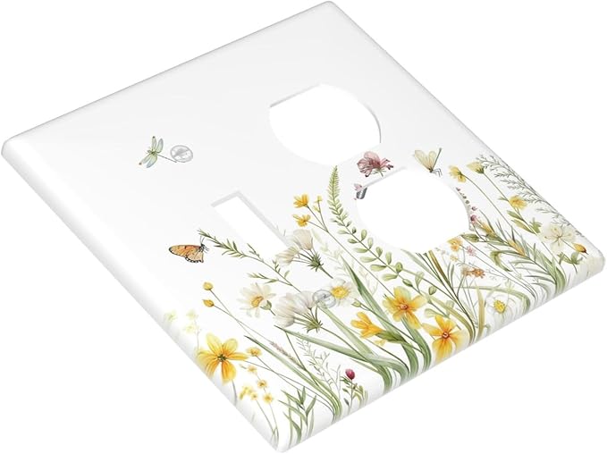 Colorful Wildflowers Dragonfly Butterfly Floral Wallplates 1 Toggle 1 Duplex Switch Plate Electrical GFCI Faceplate Decorative Light Switch Covers for Bedroom Living Room Decor