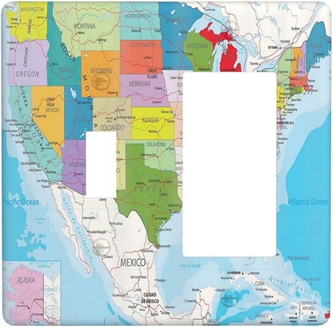 USA Map 2 Gang Single Toggle/Rocker Combination Light Switch Cover Decorative Wall Plate Faceplate Boys Kids Teen Girl Bedroom Room Decorate 4.5" x 4.5