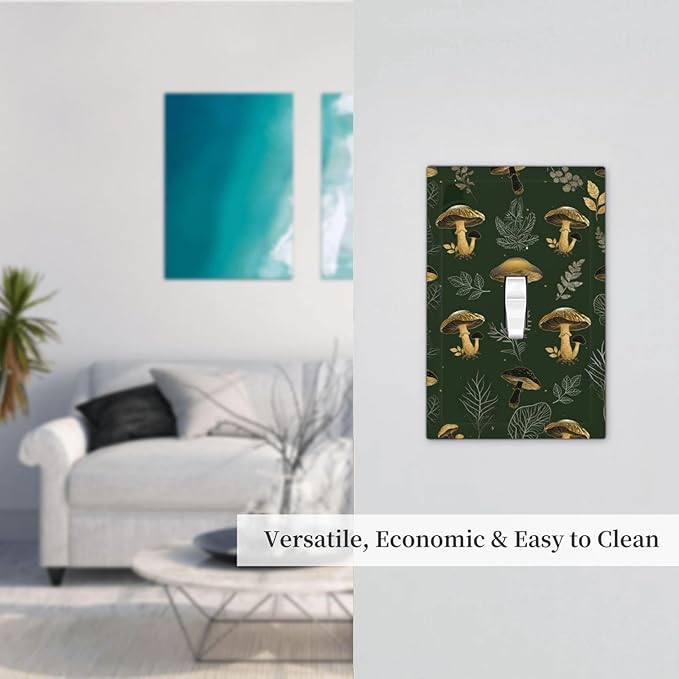 Decorative Light Switch Cover Plate Cute Gold Mushtroom Green Plant Leaf 1 Gang Single Toggle Wall Plates for Electrical Outlet Covers Switch Plate Covers Faceplate for Bedroom Decor