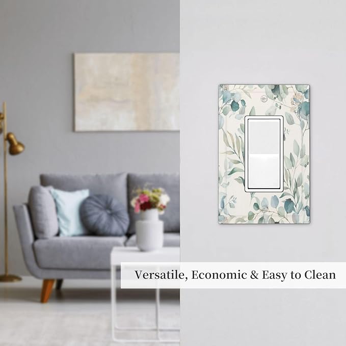 Boho Green White Eucalyptus Leaf Floral Decorative Outlet Covers 1 Gang Single Rocker Light Switch Cover Plate Wall Plates GFCI Faceplate for Farmhouse Living Room Decor