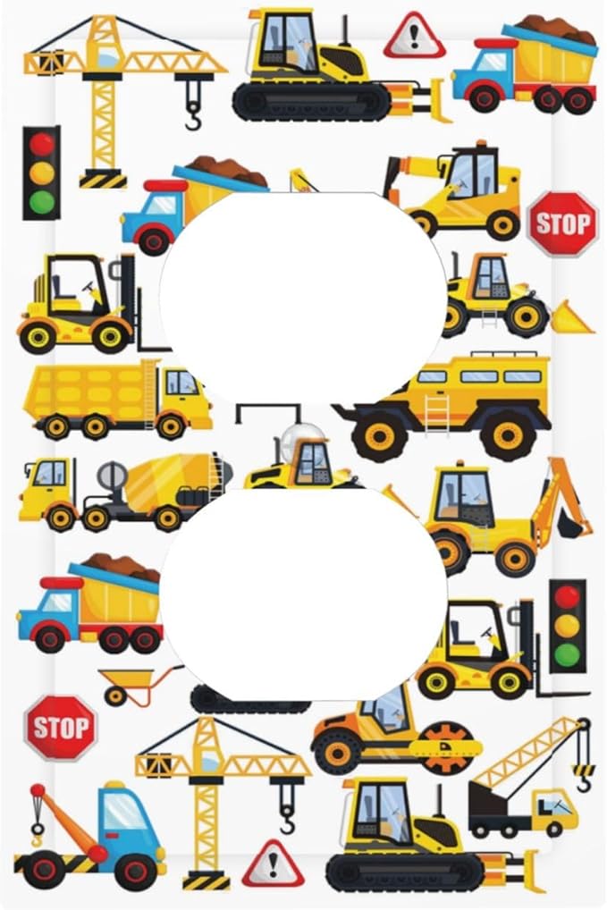 Cool Kids Boys Play Room Construction Trucks Cartoon Cars Vehicles Transport 1 Gang Duplex Wall Plate Electrical Receptacle Outlet Cover Decorative Dual Device Mid Size Light Switch Plug Face Plate
