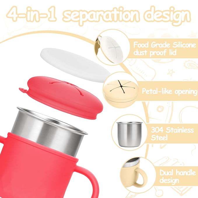 Mity Rain 2-Pack Stainless Steel Snack Containers, 4-in-1 Spill Proof Snack Cups with Silicone Lid and Handle, Dishwasher Safe Travel Snack Containers for Kids and Infants (Red + Ivory Yellow)