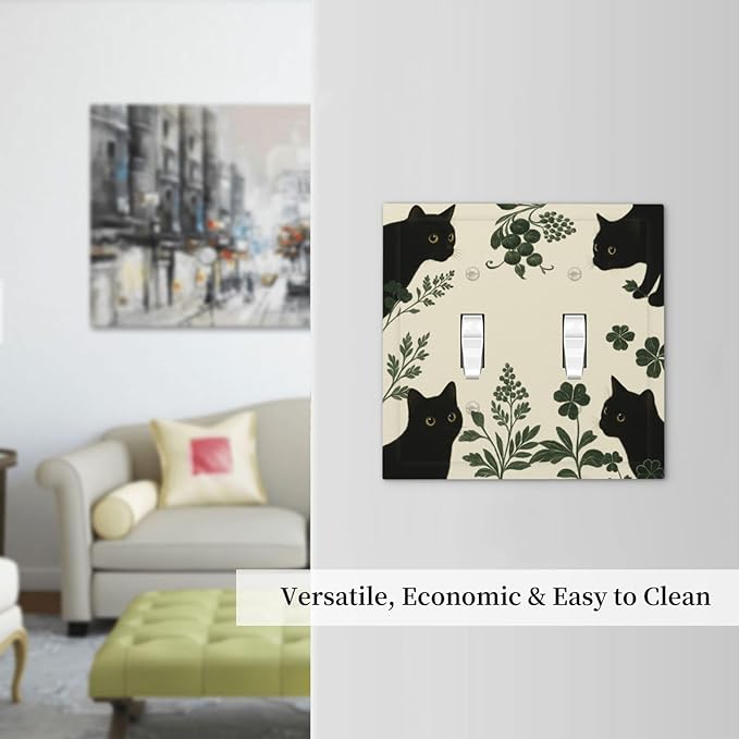 Decorative Light Switch Cover Plate Funny Black Cat Green Leaf 2 Gang Outlet Covers Double Toggle Wall Plates for Electrical Outlets Switch Plate Covers Faceplate for Bedroom Home Decor