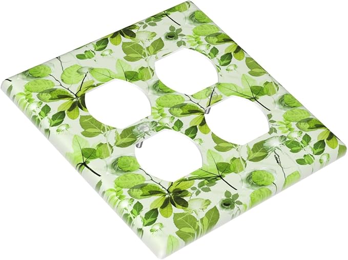Green Leaves Spring Plant Floral Outlet Covers 2 Gang Double Duplex Decorative Light Switch Covers Electrical Wallplates Socket Faceplate for Bed Room Living Room Decor