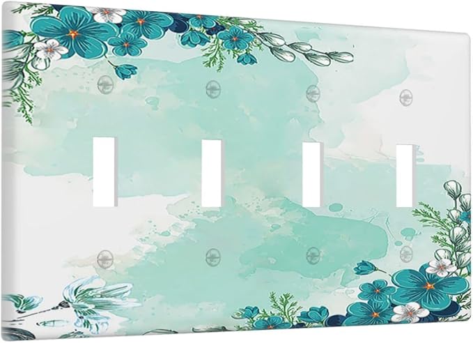 Light Switch Covers Blue Green Flowers Light Green Watercolor Patterns Quad Toggle 4 Gang Wall Plate Electrical Faceplate Decorative Switch Plates for Bedroom Home Decor