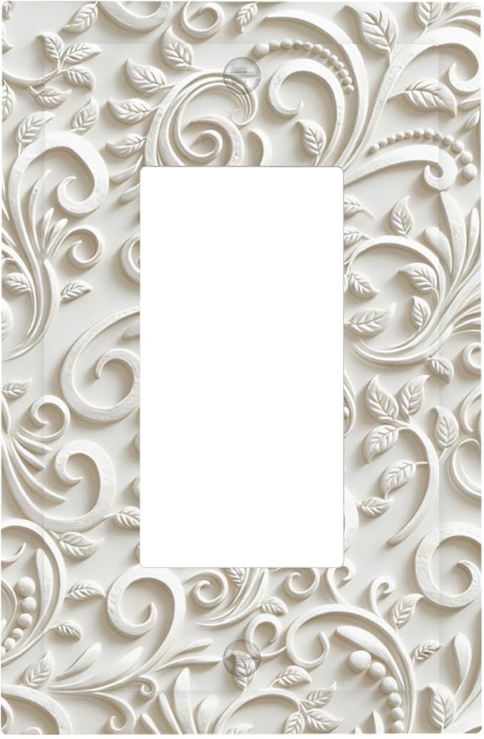 White Floral Vine 1-Gang Rocker Light Switch Plate, French Scroll Printed Pattern Decorative Wall Plate, Neutral Farmhouse Decor for Bedroom Bathroom Living Room